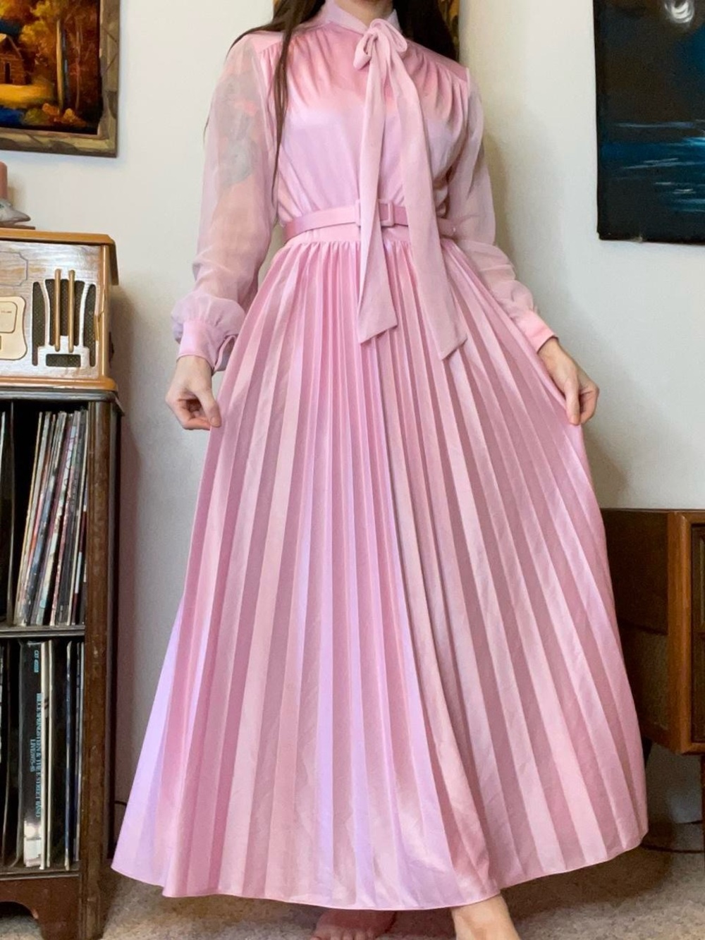 American Vintage Blush Pink Pleated Maxi Dress with Neck Tie
